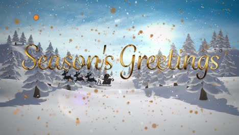 Animation-of-snow-falling,-seasons-greetings-text,-sledge-and-raindeer-over-winter-landscape