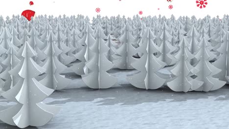 Animation-of-snow-and-santa-claus-hats-falling-over-white-trees-in-forest
