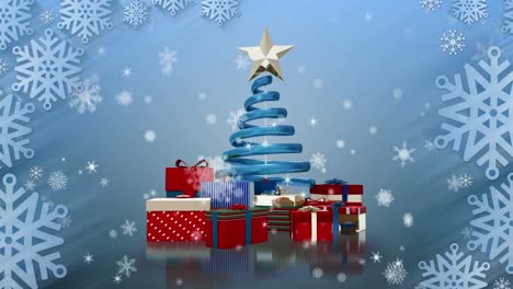 Animation-of-christmas-tree-with-star-and-gifts,-over-falling-snowflakes-on-grey