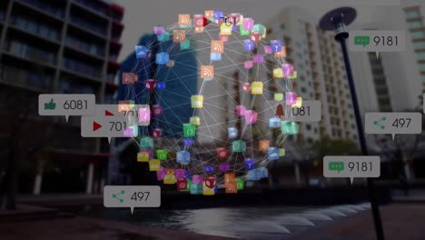 Animation-of-social-media-icons-and-globe-of-connections-over-cityscape