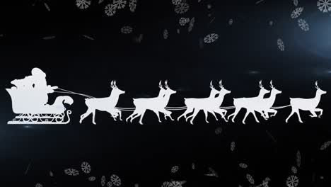 Animation-of-white-santa-sleigh-and-reindeer,-with-floating-snowflakes,-on-black-background