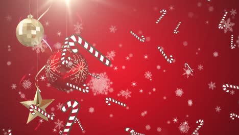 Animation-Von-Weihnachtskugeldekorationen-Mit-Fallenden-Zuckerstangen-Und-Schneeflocken,-Auf-Rot