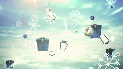 Animation-of-falling-white-snowflakes,-gifts-and-christmas-baubles-on-sky-background