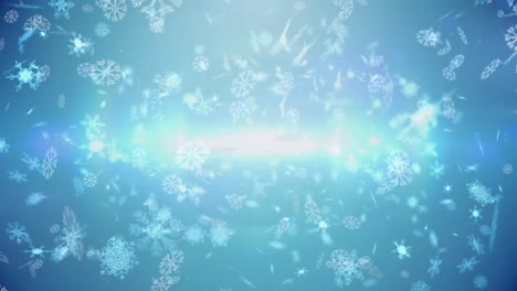 Animation-Von-Weißen-Schneeflocken,-Die-über-Leuchtende-Lichter-Auf-Blauem-Hintergrund-Fallen