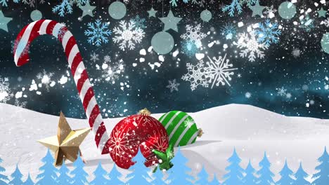 Animation-of-shooting-star-with-falling-snowflakes-and-stars,-over-candy-cane-and-baubles-in-snow