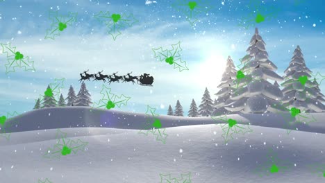 Animation-of-snow-falling,-mistletoe,-sledge-and-raindeer-over-winter-landscape