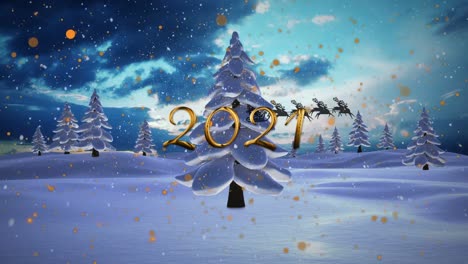 Animation-of-snow-falling,-2021-text,-sledge-and-raindeer-over-winter-landscape