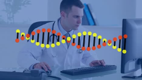 Animation-Eines-DNA-Strangs-über-Einem-Arzt,-Der-Einen-Computer-Verwendet