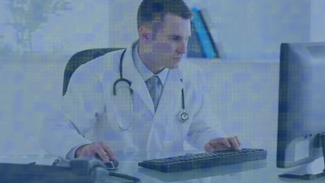 Animation-of-colorful-squares-over-doctor-using-computer