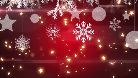 Animation-of-white-snowflakes,-bauble-decorations-and-christmas-tree-branches-on-red-background