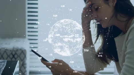Animation-of-digital-globe-of-connections-over-woman-using-smartphone