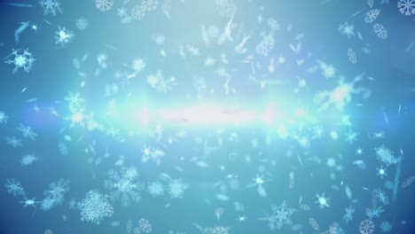 Animation-of-falling-snowflakes-and-glowing-light-on-blue-background