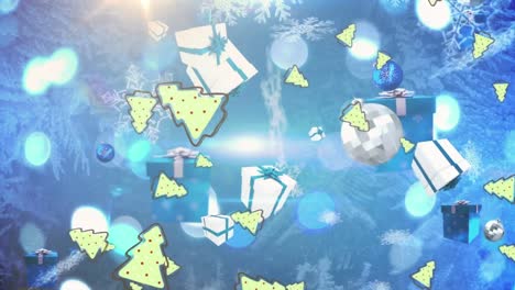 Animation-Fallender-Grüner-Weihnachtsbäume,-Geschenke-Und-Kugeln-Auf-Blauem-Hintergrund