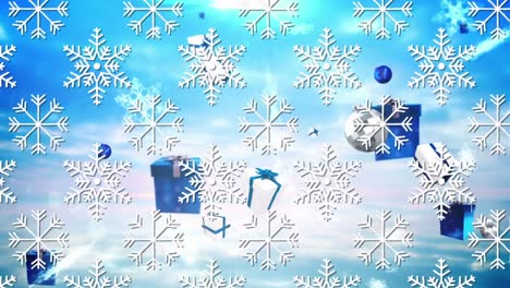 Animation-Wiederholter-Weißer-Schneeflocken,-Die-Sich-über-Christbaumkugeldekorationen-Auf-Blauem-Hintergrund-Bewegen