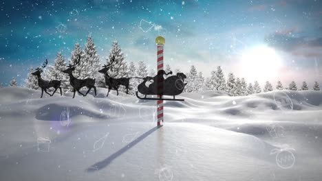 Animation-Von-Fallendem-Schnee,-Schlitten-Und-Regenhirschen-über-Der-Winterlandschaft