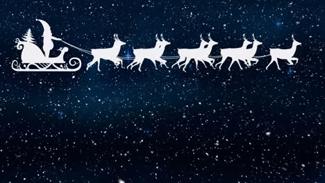 Animation-of-snow-falling,-sledge-and-raindeer-over-black-background