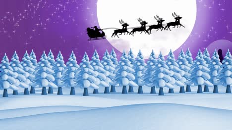Animation-of-snow-falling-over-trees-on-blue-background