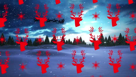 Animation-of-snow-falling,-sledge-and-raindeer-over-winter-landscape