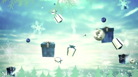Animation-of-falling-snowflakes,-gifts-and-baubles,-over-tree-tops-and-blue-sky