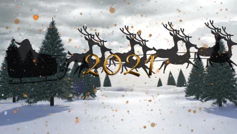 Animation-Von-Fallendem-Schnee,-Text-Aus-Dem-Jahr-2021,-Schlitten-Und-Regenhirschen-über-Der-Winterlandschaft