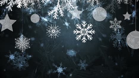 Animation-of-falling-snowflakes,-stars-and-baubles-on-black-background
