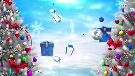 Animation-of-two-decorated-christmas-trees,-with-falling-snowflakes,-gifts-and-baubles-on-blue-sky
