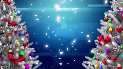 Animation-of-two-decorated-white-christmas-trees,-with-falling-snowflakes-and-glowing-stars