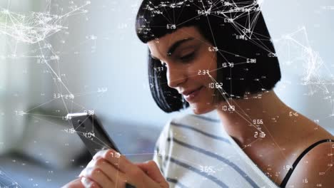 Animation-of-networks-of-connections-over-woman-using-smartphone