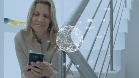 Animation-of-globe-of-connections-over-woman-using-smartphone