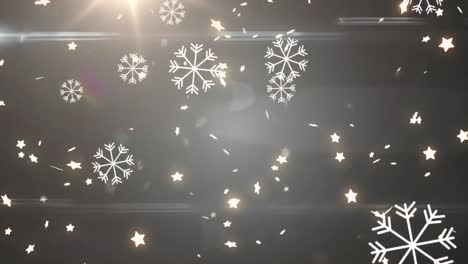Animation-of-falling-white-snowflakes-and-glowing-stars-on-grey-background