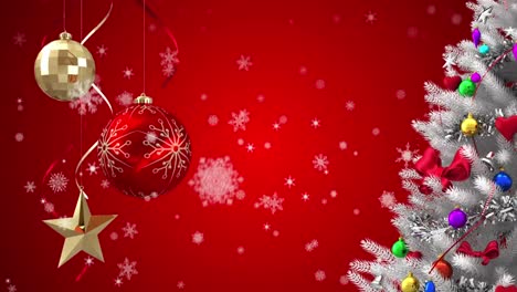 Animation-of-decorated-white-christmas-tree-and-baubles,-with-falling-snowflakes-on-red