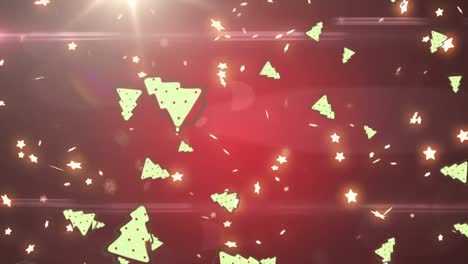 Animation-Fallender-Weihnachtsbäume-Und-Leuchtender-Sterne,-Mit-Lichtern-Auf-Rotem-Hintergrund