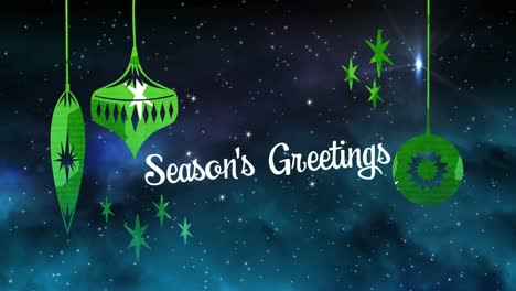 Animation-of-seasons-greetings-text,-christmas-tree-decorations-over-stars-on-black-background