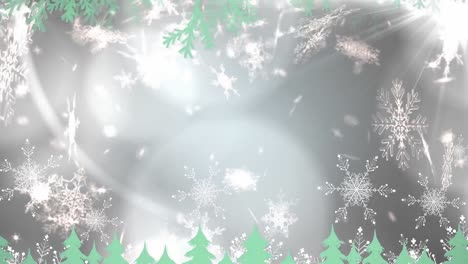 Animation-of-green-tree-tops,-with-falling-snowflakes-on-grey-background