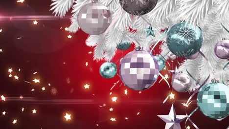 Animation-of-baubles-on-christmas-tree-over-falling-glowing-stars-on-red-background
