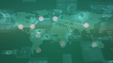 Animation-Der-Weltkarte,-Netzwerk-Von-Verbindungen-Und-Datenverarbeitung-Auf-Grünem-Hintergrund