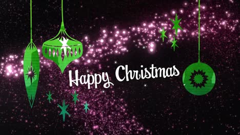 Animation-of-happy-christmas-text,-christmas-tree-decorations-over-light-spots-on-black-background