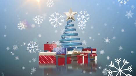 Animation-of-falling-snowflakes,-over-christmas-tree-and-presents-on-blue