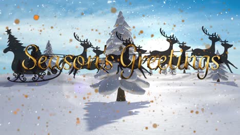 Animation-of-snow-falling,-seasons-greetings-text,-sledge-and-raindeer-over-winter-landscape