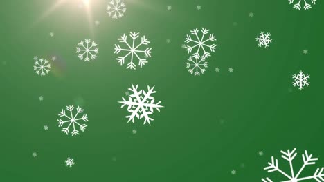 Animation-of-falling-white-snowflakes-and-glowing-light-on-green-background