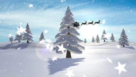 Animation-of-snow-falling,-sledge-and-raindeer-over-winter-landscape