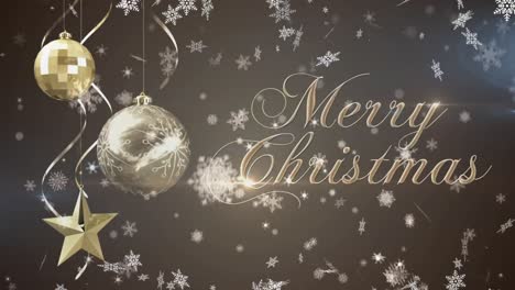 Animation-of-gold-merry-christmas-text-and-baubles,-with-falling-snowflakes-on-grey-background