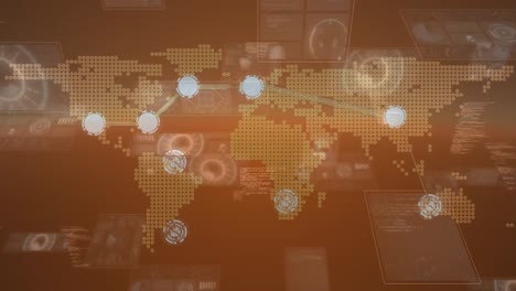 Animation-Der-Weltkarte,-Netzwerk-Von-Verbindungen-Und-Datenverarbeitung-Auf-Orangefarbenem-Hintergrund