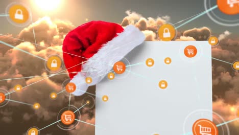 Animation-of-network-of-connections-with-icons-over-santa-hat-with-card-with-copy-space-and-sky