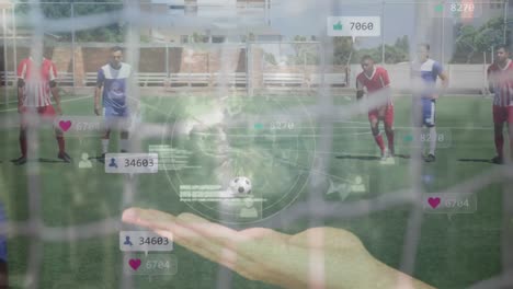 Animation-of-social-media-icons,-hand-holding-globe-and-data-processing-over-football-players