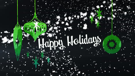 Animation-of-happy-christmas-text,-christmas-tree-decorations-and-snow-falling-over-black-background