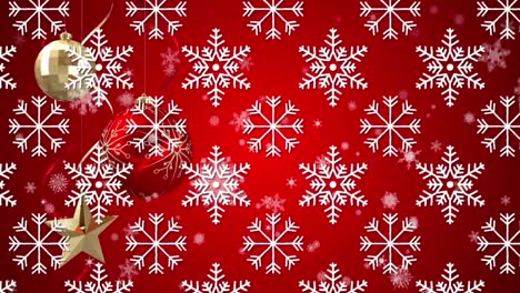 Animation-Wiederholter-Weißer-Schneeflocken,-Die-Sich-über-Christbaumkugeldekorationen-Auf-Rotem-Hintergrund-Bewegen
