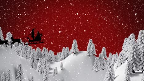 Animation-of-snow-falling-over-trees-on-red-background