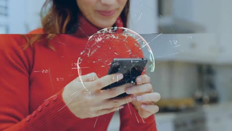 Animation-of-digital-globe-and-data-processing-over-woman-using-smartphone