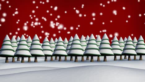 Animation-Von-Schnee,-Der-über-Bäume-Auf-Rotem-Hintergrund-Fällt